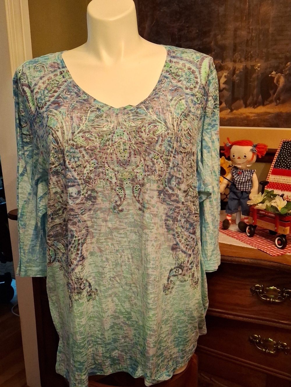 Avenue Teal & Aqua Paisley V-Neck Tunic with Embellishment